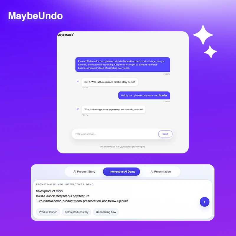 AI-assisted demo creation workspace showing product story inputs and generated demo steps