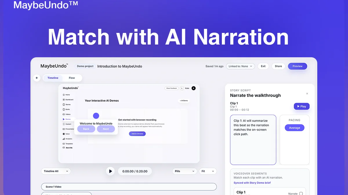 MaybeUndo interactive demo workflow showing a product story turned into a guided demo asset