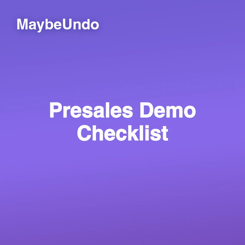 Presales demo checklist showing buyer goals, demo workflow, proof points, questions, and follow-up assets
