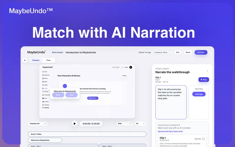 Demo automation workflow showing product screens converted into guided steps and reusable assets